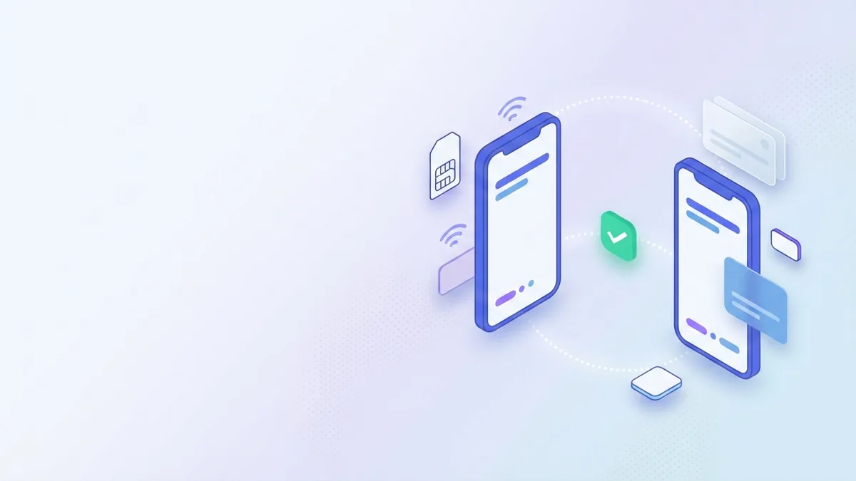 Two mobile phones linked by a dotted arc to represent sending credit to another person