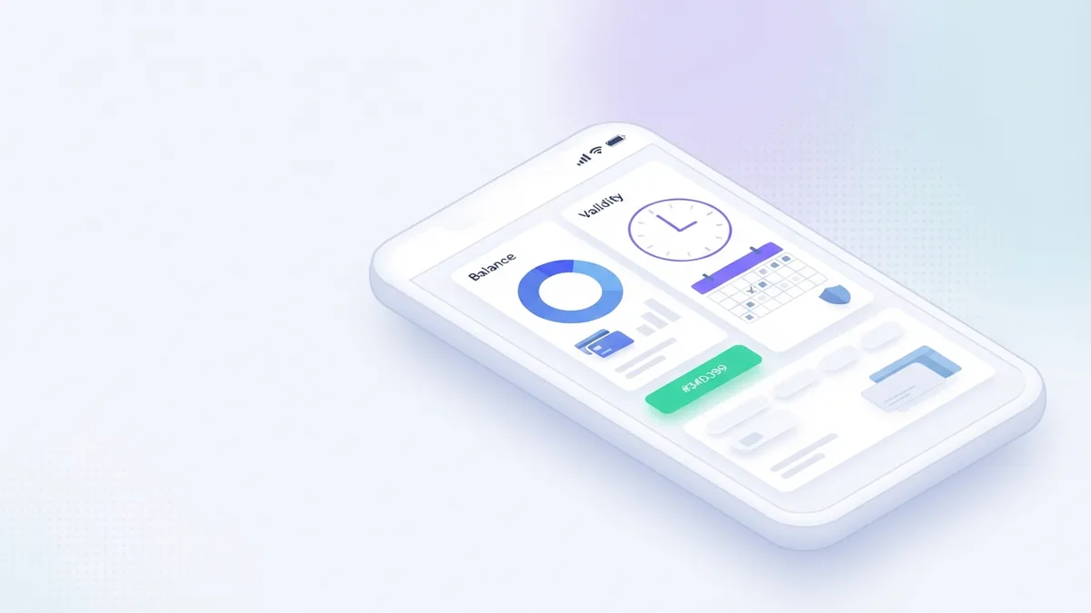 Validez y saldo de un vistazo Pantalla de un teléfono que muestra el saldo y el periodo de validez de una recarga prepago