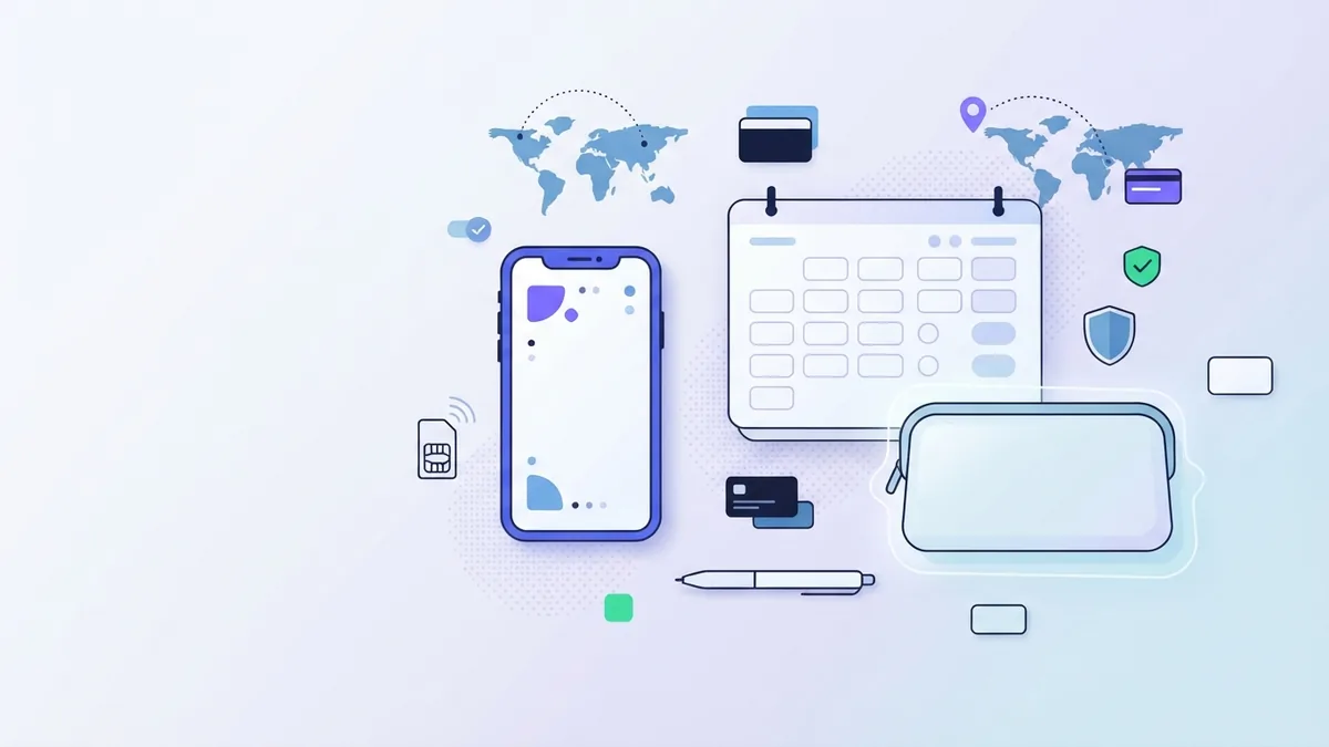 Plan your next recharge Mobile recharge planning scene with phone, calendar, and travel pouch