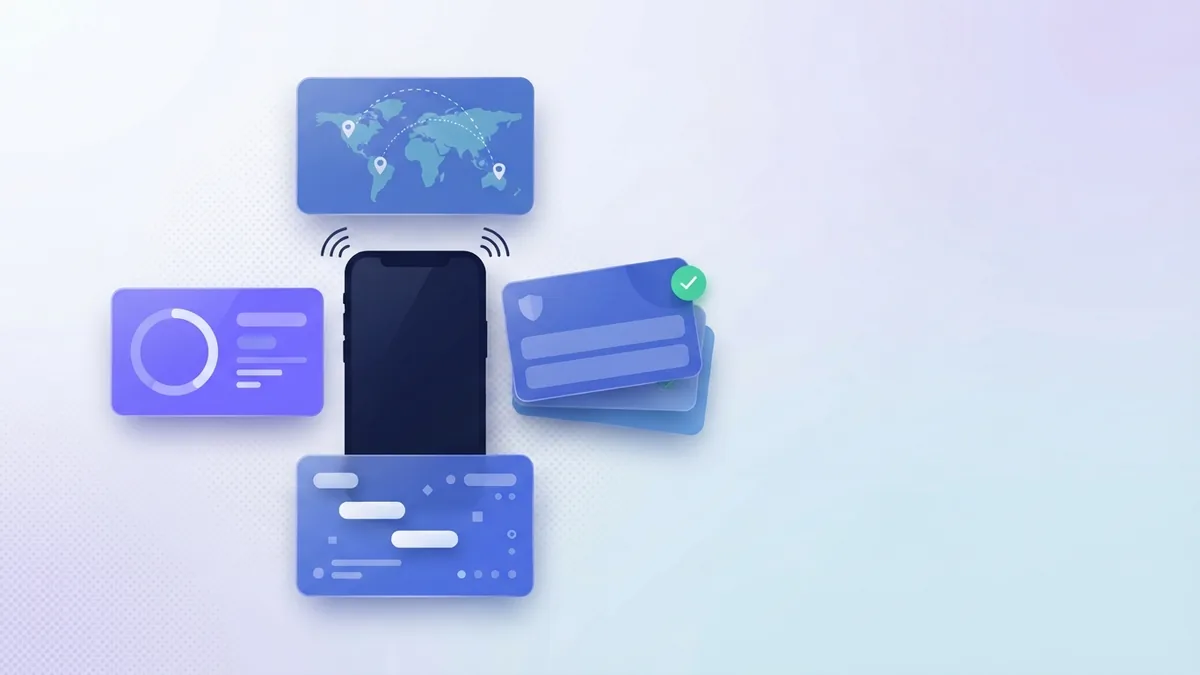 Compare major mobile providers Four abstract mobile plan cards around a smartphone with clean blue and violet shapes