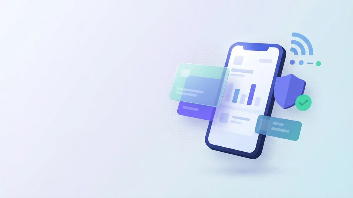Blank phone with abstract data bars, plan cards, and a small green check shape