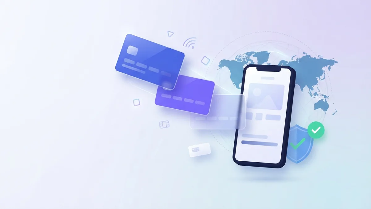 Tomma digitala presentkort och en telefon som visar hur Garena Shells blir spelvaluta