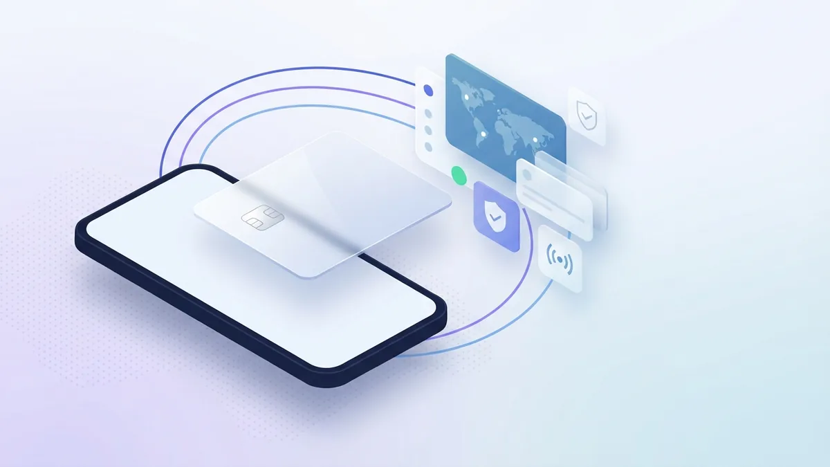 A phone and blank payment card represent an online mobile recharge