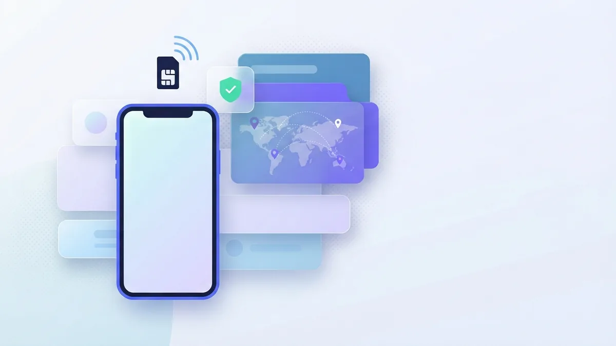 A blank-screen phone and layered cards suggest app-based account and recharge tools