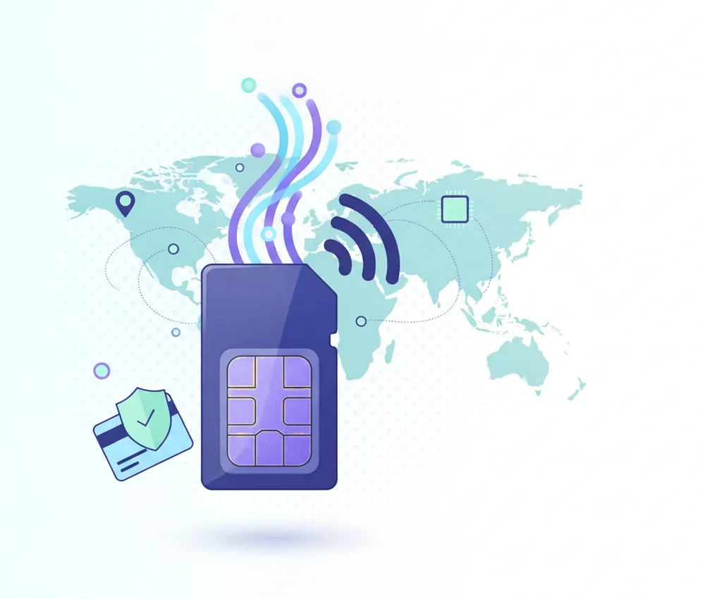 a SIM card overlaid with a flowing data stream and signal bars