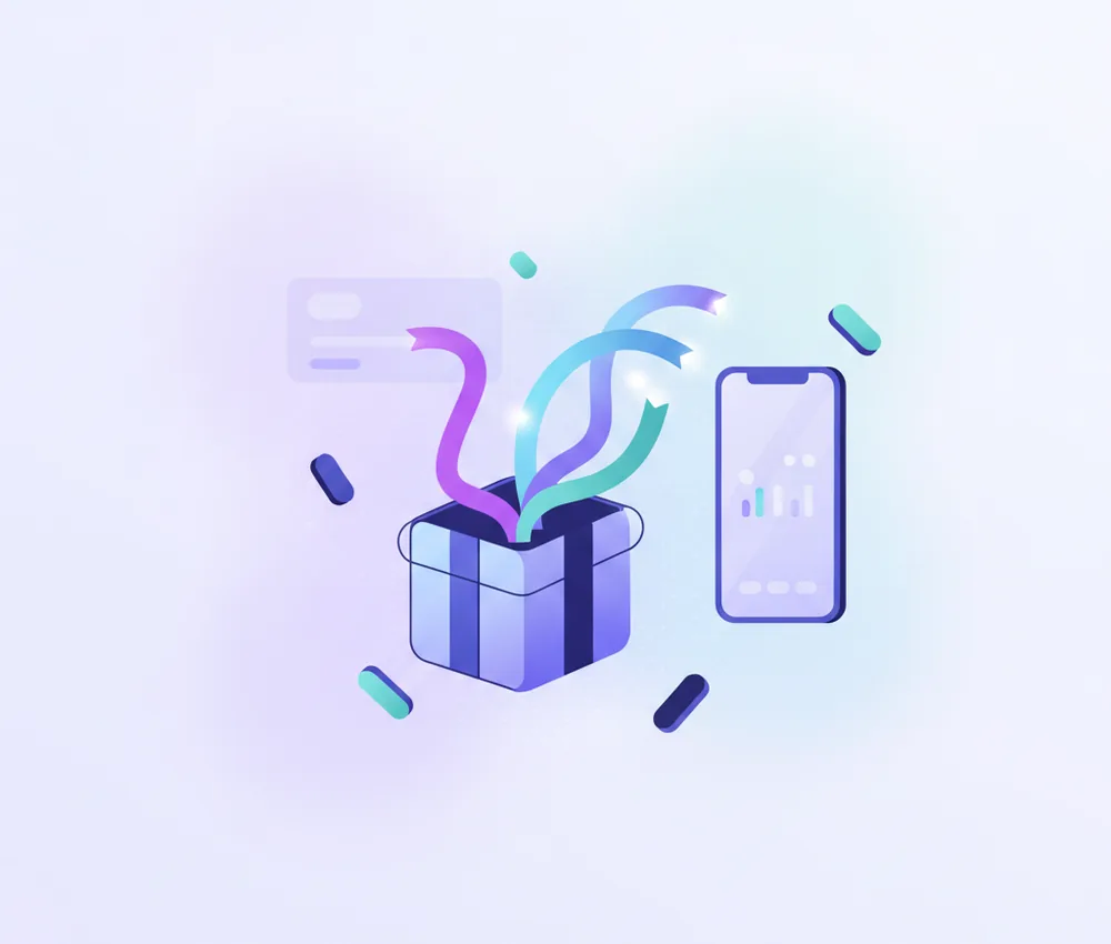 a gift box turning into signal waves toward a phone