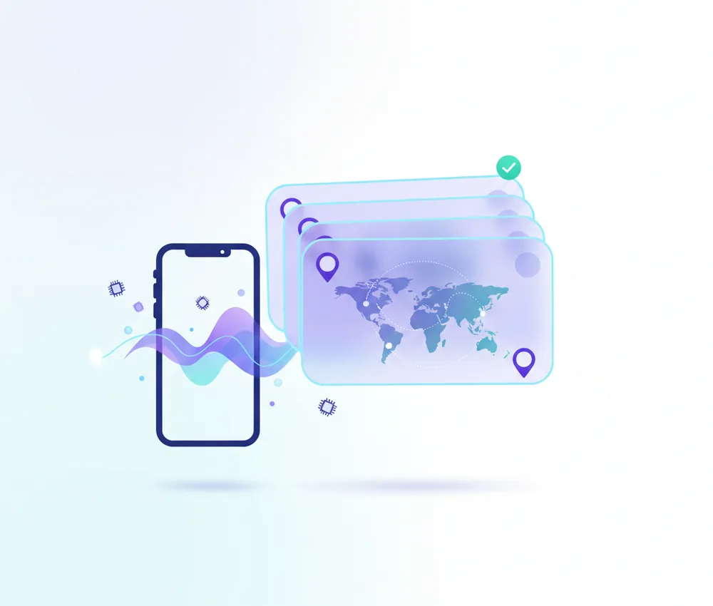 stacked translucent data-bundle cards beside a phone with a data wave