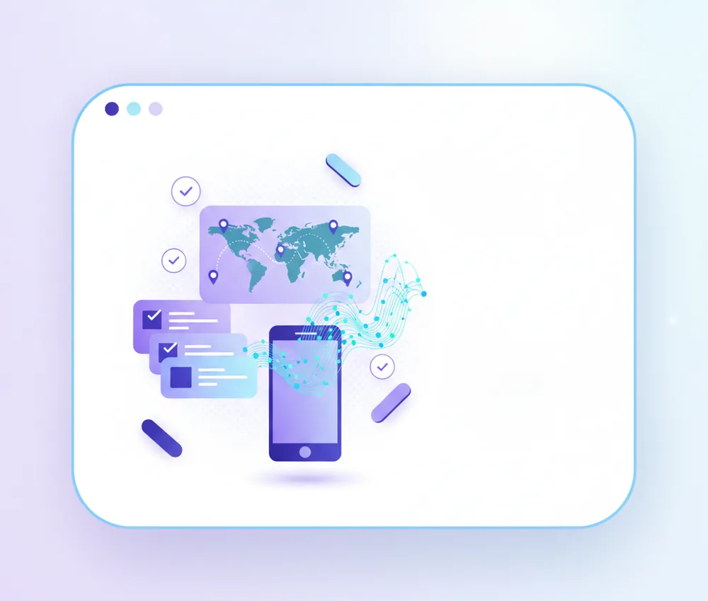 a browser window framing stacked data cards and a phone with a data wave