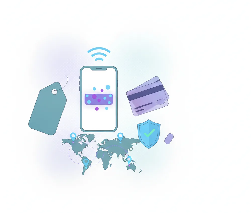 a blank price tag beside a phone showing a single transparent fee bar