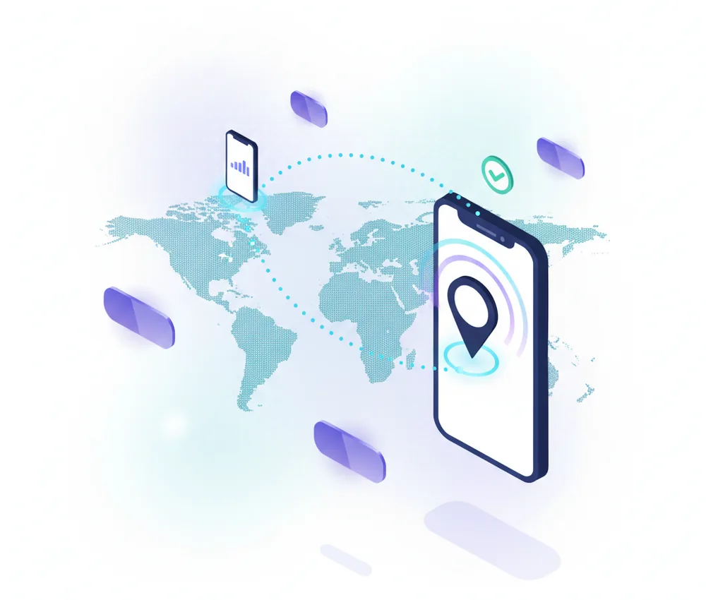 Flat-vector illustration of a smartphone sending airtime across a dotted world map to a location pin abroad
