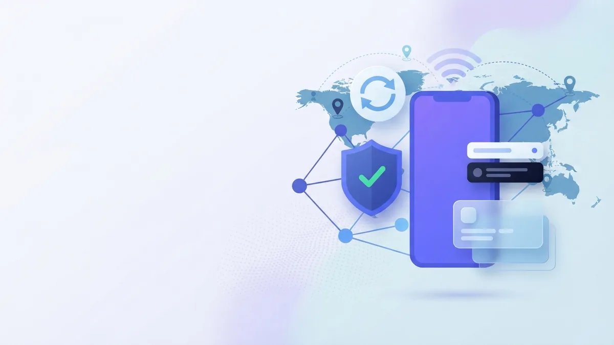 Blank phone with shield, retry arrows, and connected shapes for payment support