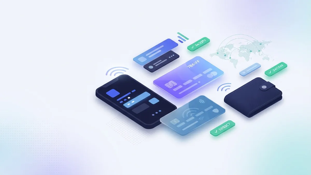 Mobile wallet service options Several mobile payment tools arranged beside a smartphone and airtime card