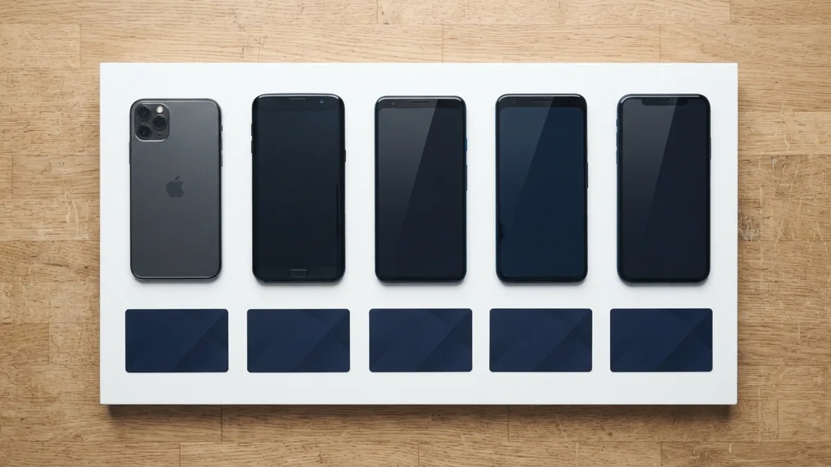 Compare recharge platforms Several smartphones and payment cards arranged for platform comparison