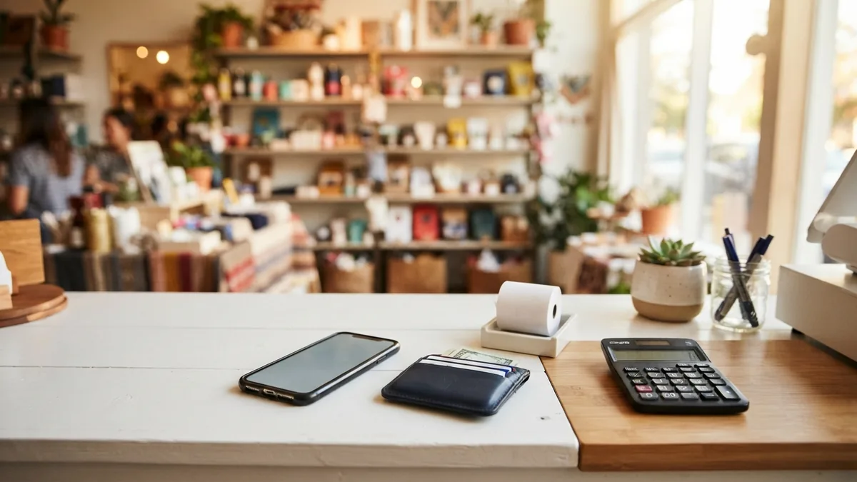Recharge service income benefits Shop counter with smartphone and payment tools for recharge earnings