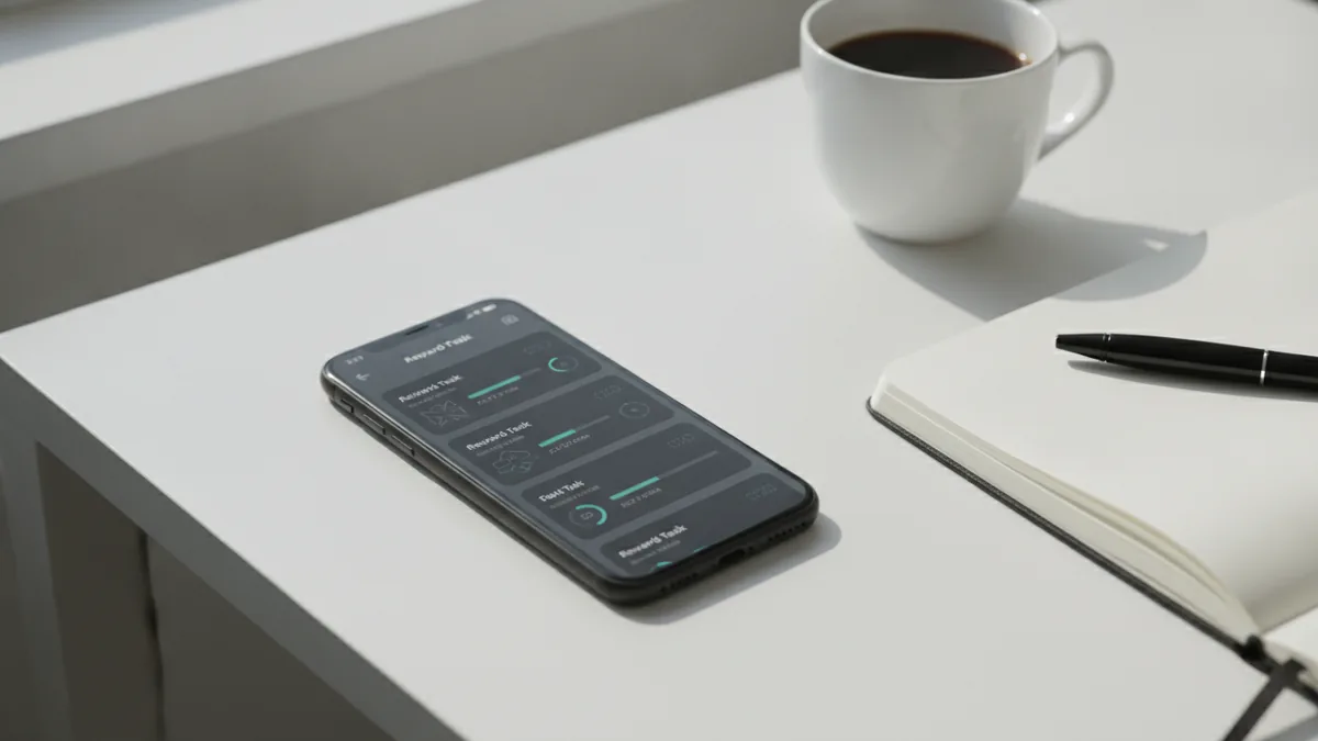 Smartphone showing reward task cards beside a notebook and coffee