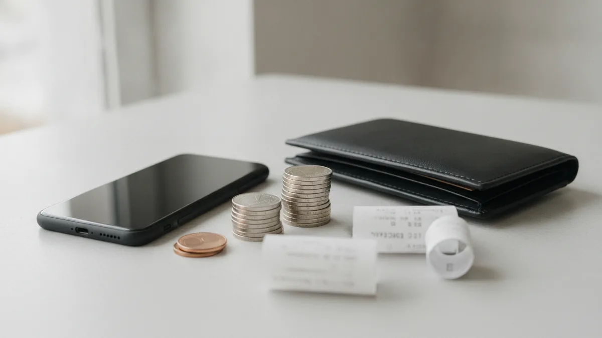 Phone and wallet beside shopping receipts and cashback coins