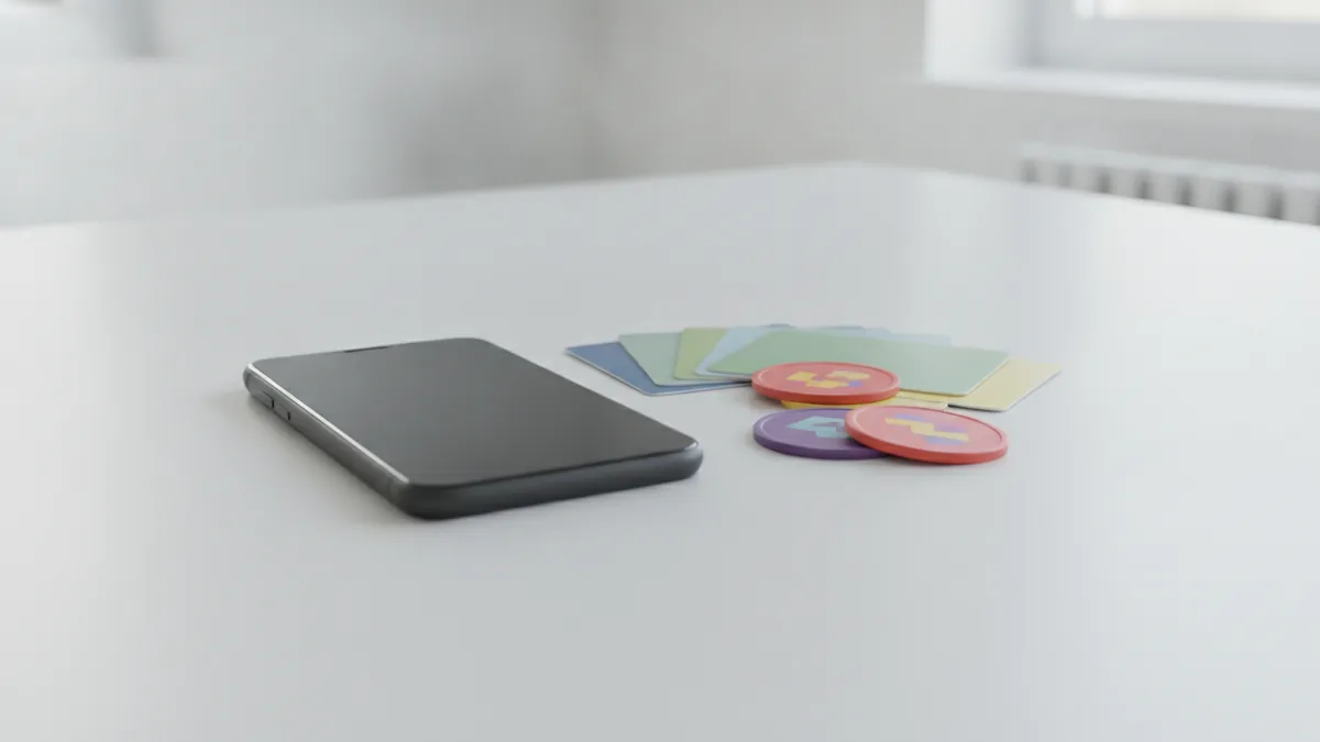 Smartphone beside gift cards and colorful reward tokens on a desk
