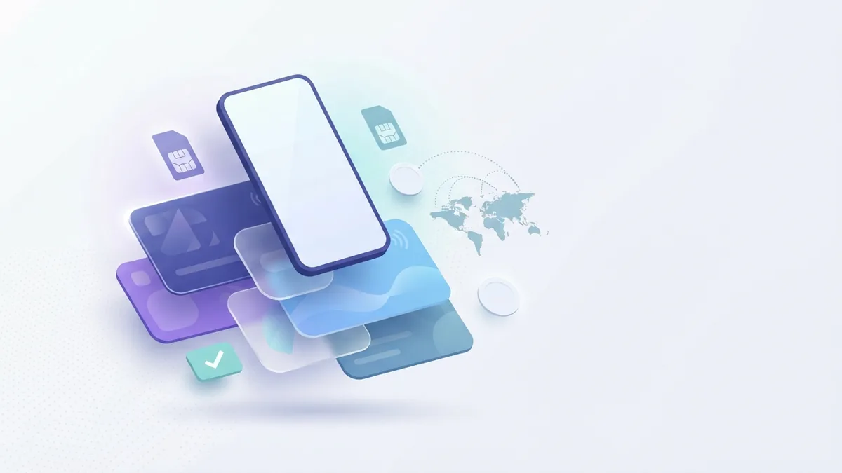 Blank mobile phone floating above cards with a small mint check shape