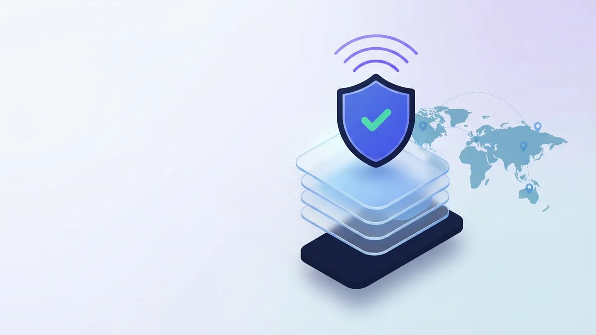 Safe online payment with shield and cards Shield and stacked blank cards showing safe online prepaid payment benefits