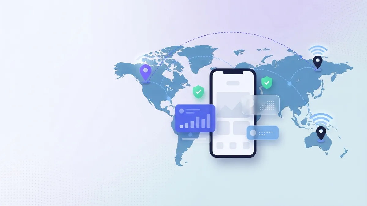 Roaming prépayé international Carte du monde avec téléphone, repères de localisation et arcs de connexion pour l’itinérance mobile