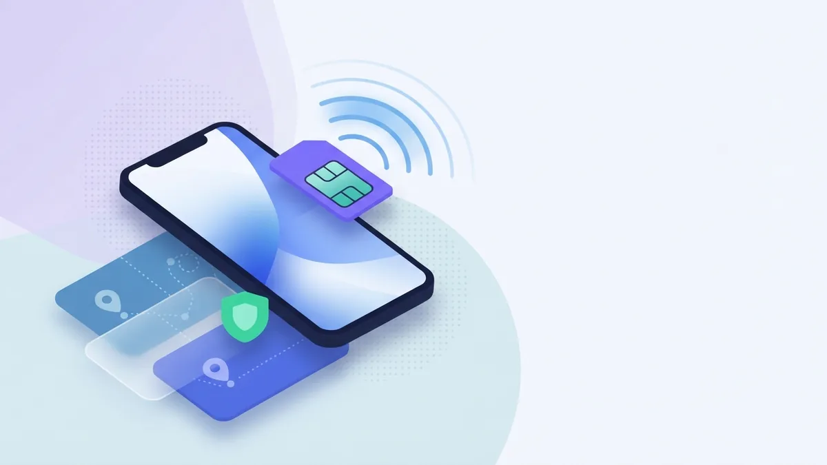 Blank smartphone and digital SIM shape representing mobile app and eSIM features