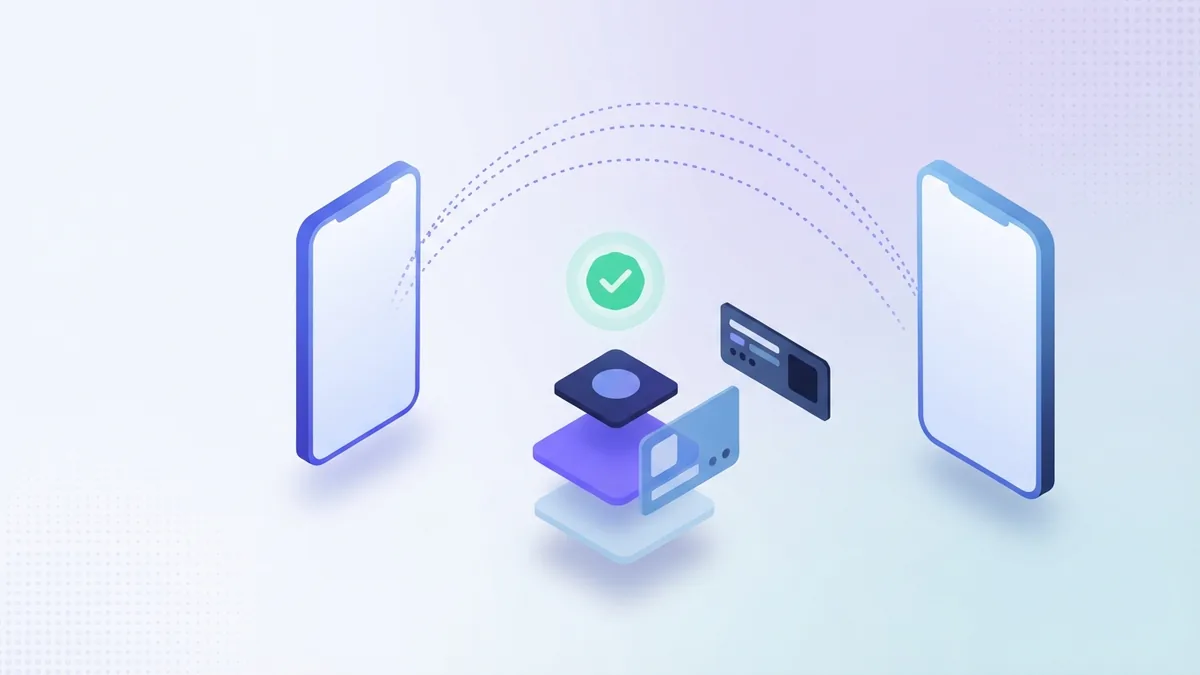 Two blank phones linked by abstract data blocks for gifting and automatic recharge