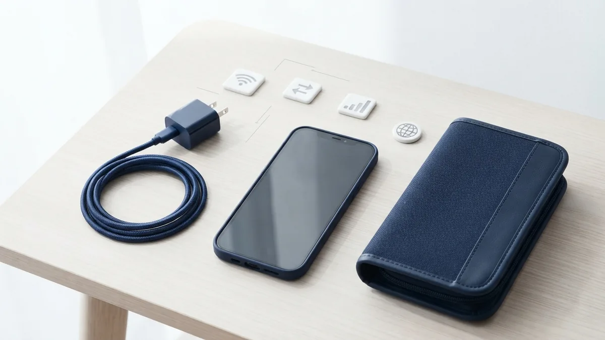 Choices for mobile credit and data Phone, data symbols, and travel items arranged on a bright tabletop