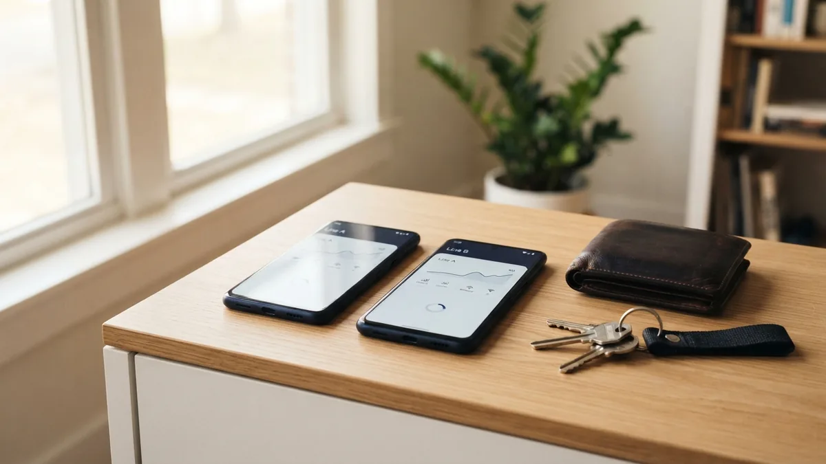 Managing more than one mobile line Two mobile phones with a wallet and keys arranged for account planning