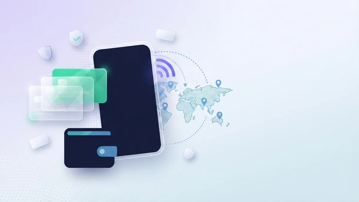 Online payment process Blank phone with abstract wallet cards and secure online payment shapes
