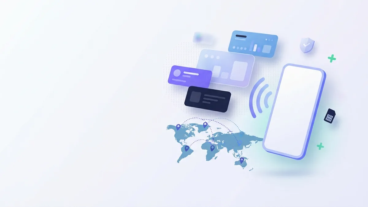 Blank smartphone with signal waves and abstract cards showing easy online mobile recharge benefits