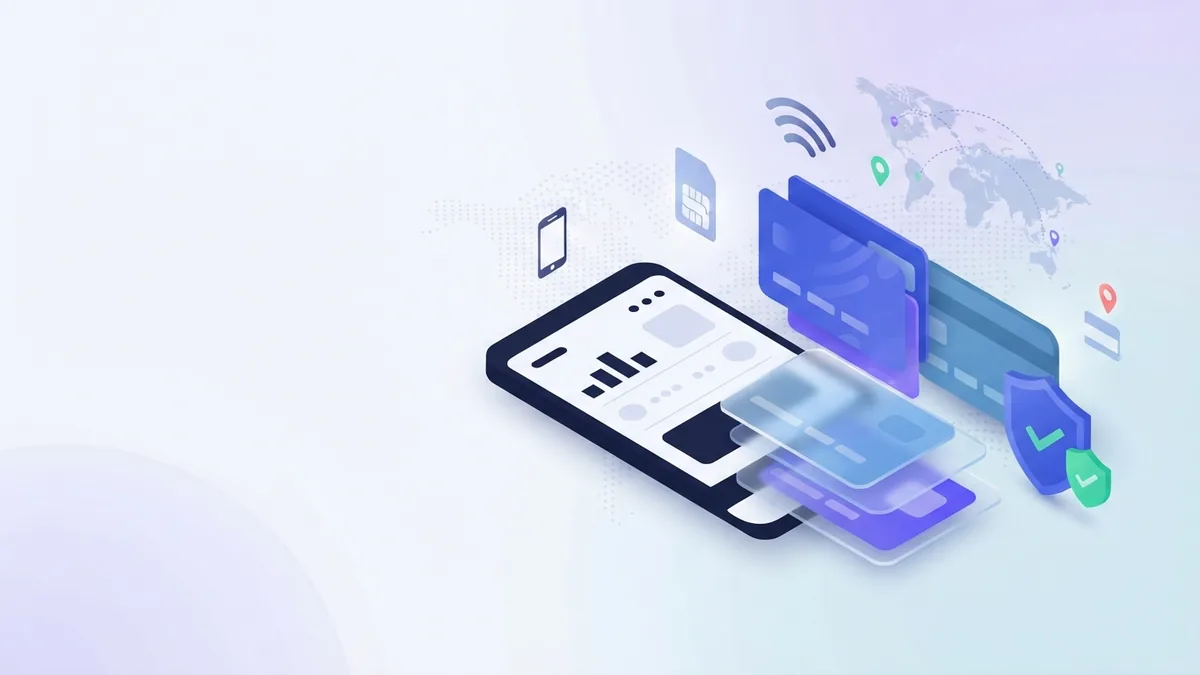 Secure payment choices Blank phone with abstract cards and shield showing secure online recharge payment choices