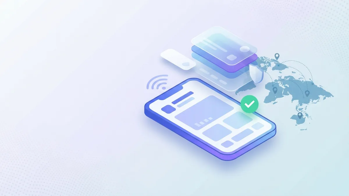 Smartphone with blank cards and signal arcs showing online recharge benefits