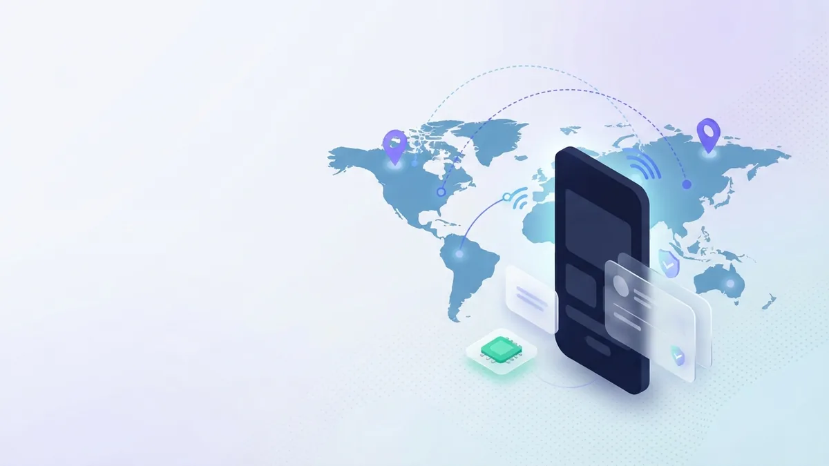 Blank smartphone and world map with connection arcs for global mobile recharge
