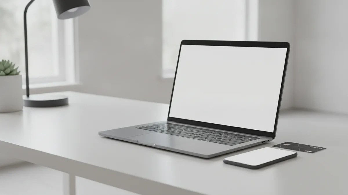 Laptop and smartphone beside a bank card for online account payments