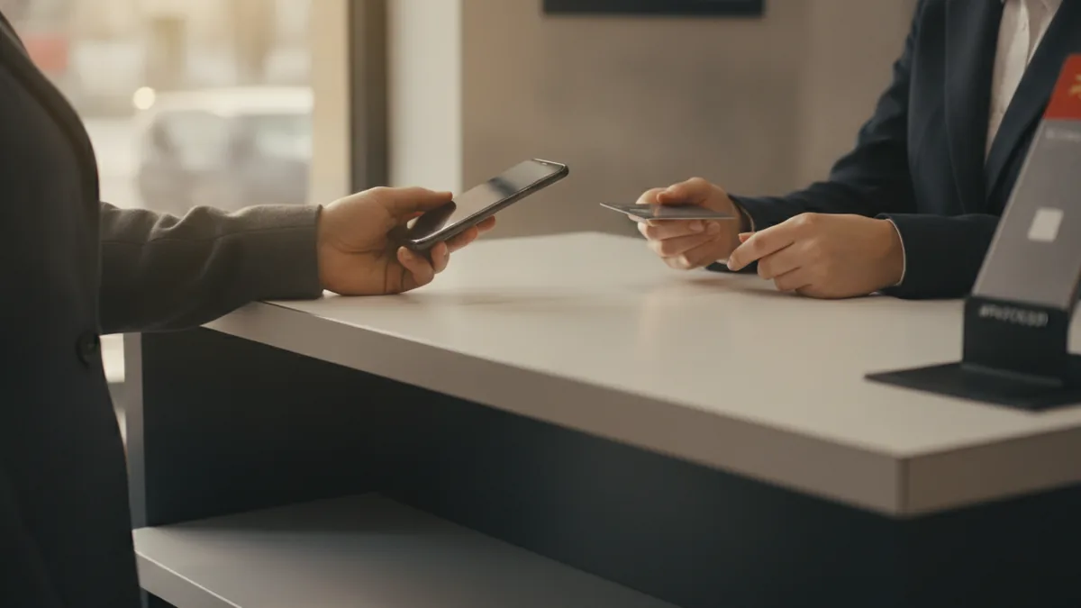 Customer paying for mobile credit at a bright local post office counter