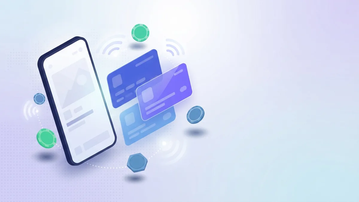 Big Cat Coins concept Abstract mobile game currency scene with blank phone, layered cards, and soft blue signal arcs