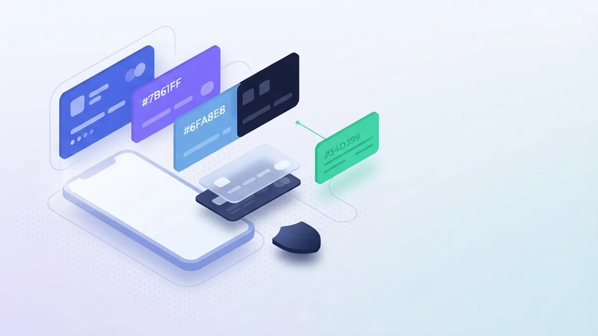 Flat vector payment scene with blank phone, abstract bank panels, cards, shield, and check shape