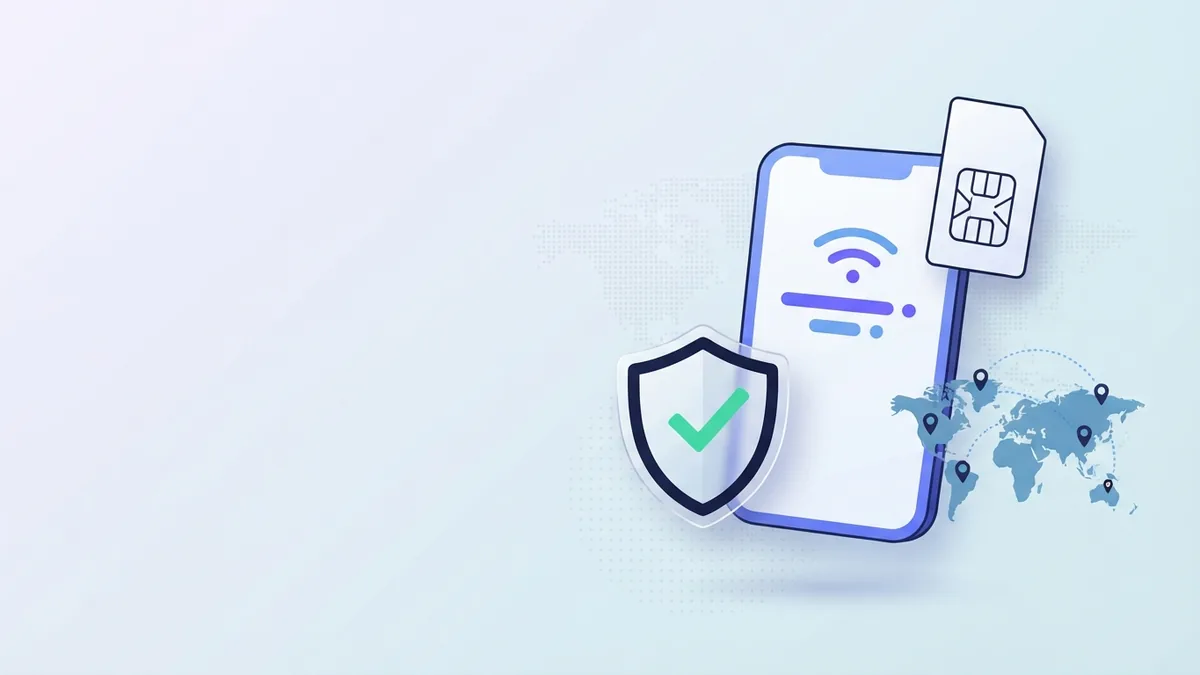 Secure mobile account access Blank mobile phone with SIM and shield shapes for secure app account access