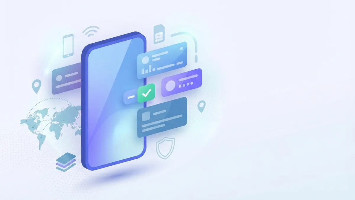 Teléfono en blanco con paneles abstractos de cuenta que representan la gestión de facturas y complementos desde una app