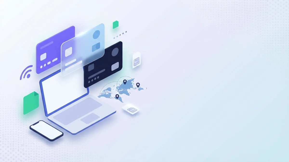Gestiona tu plan online Dispositivos digitales en blanco con tarjetas de cuenta abstractas para gestionar un plan móvil online