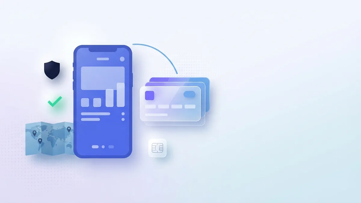 Teléfono sin contenido y tarjetas abstractas superpuestas que muestran formas de recargar Inkk Mobile en Fiyi