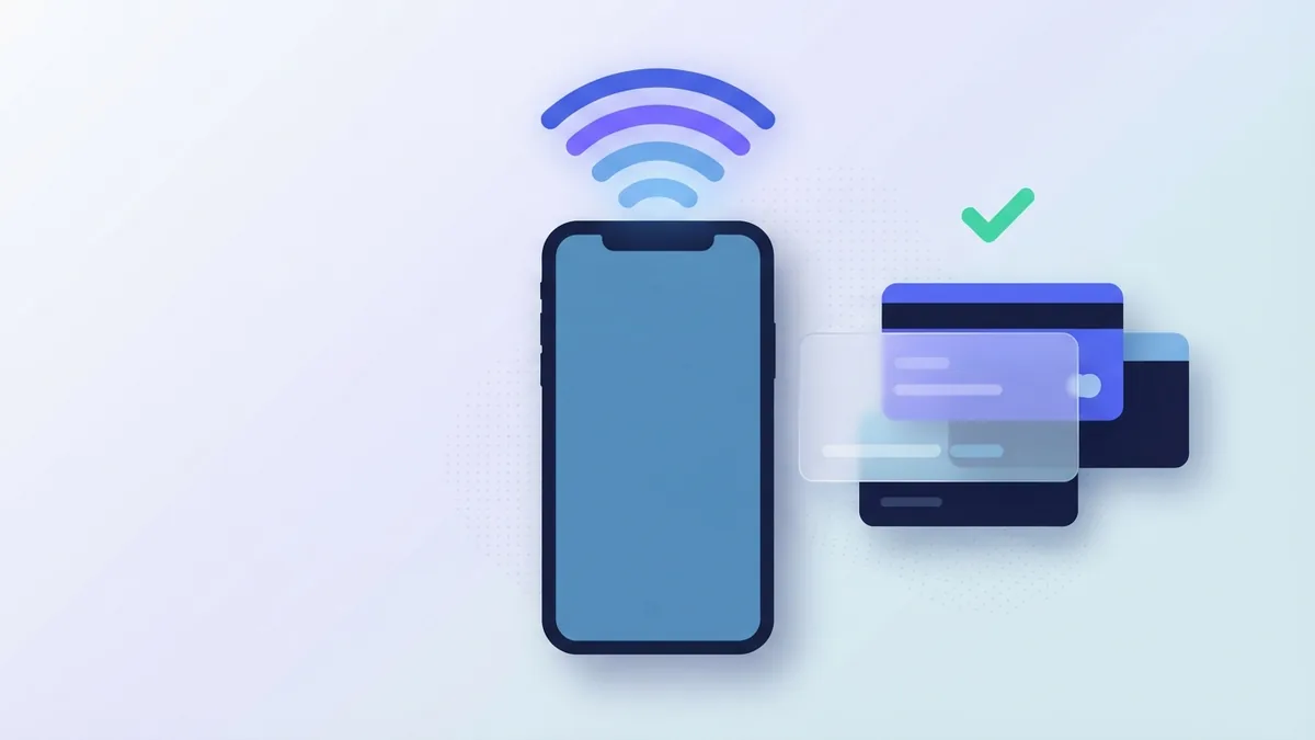 Teléfono inteligente sin contenido, con ondas de señal y paneles abstractos de crédito para acceder al móvil al instante