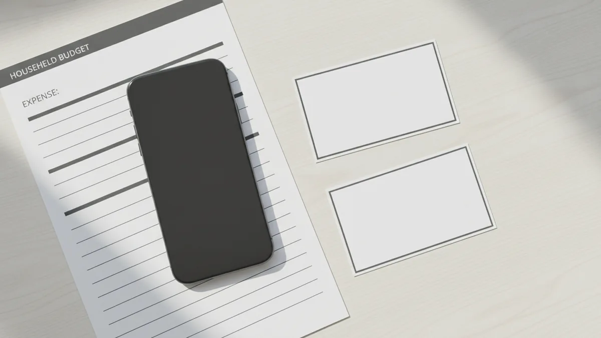 Comparing short and yearly plans Smartphone and yearly plan comparison beside a simple household budget