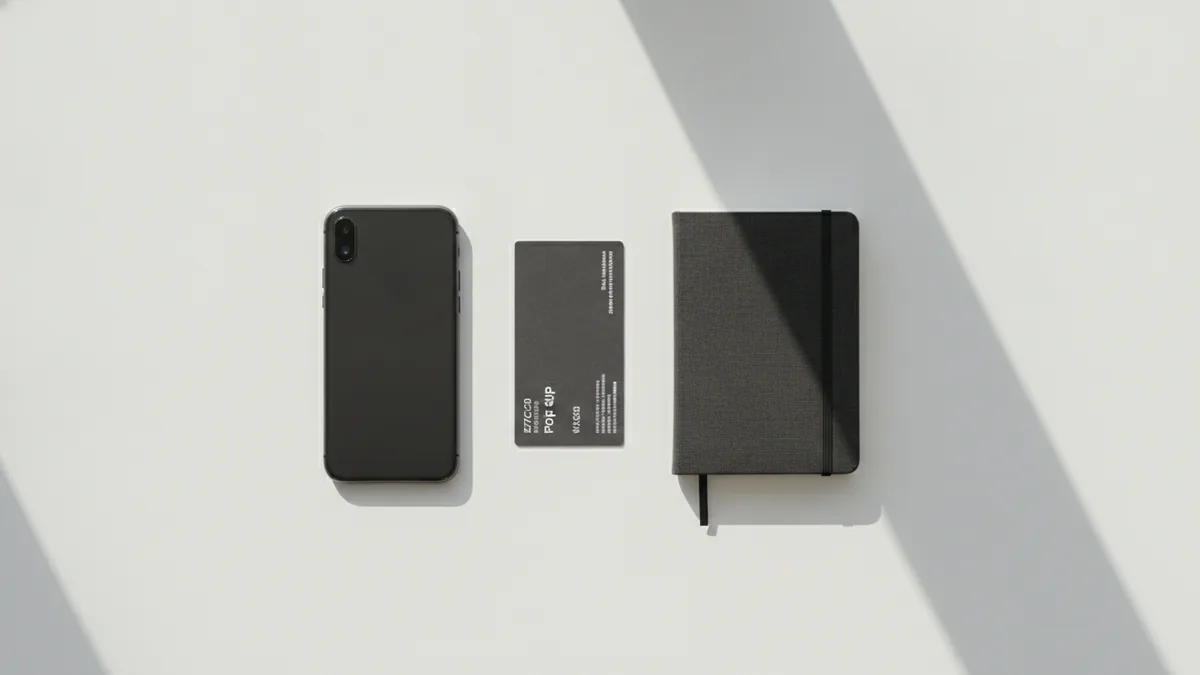 Phone and prepaid voucher card arranged beside a small payment notebook