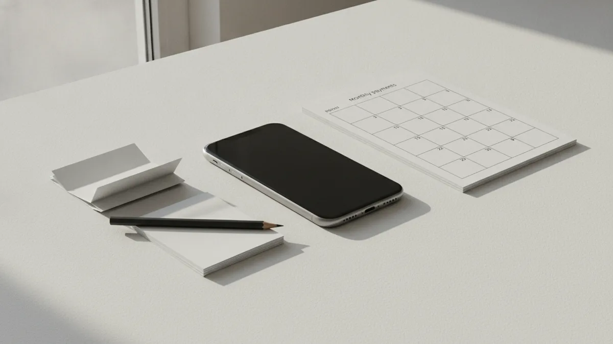 Smartphone beside account settings notes and a monthly payment calendar