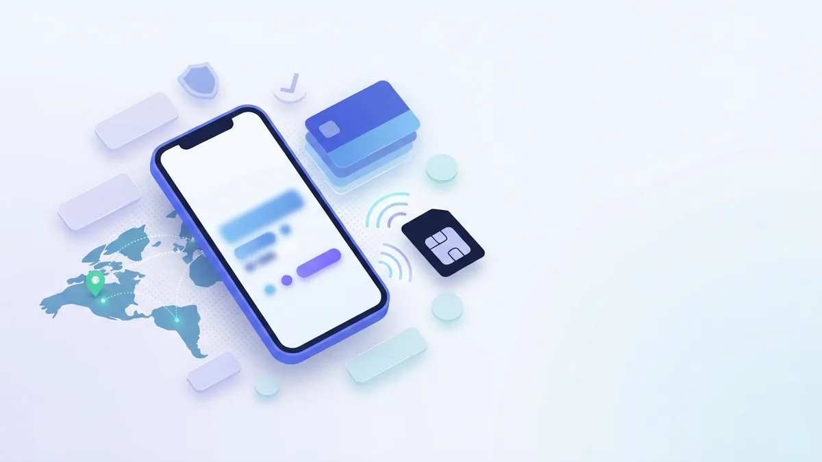 Prepaid-SIM und Mobilfunkverbindung Eine Prepaid-SIM-Karte und ein Smartphone mit dezenten Signalbögen vor hellblauem und lavendelfarbenem Hintergrund