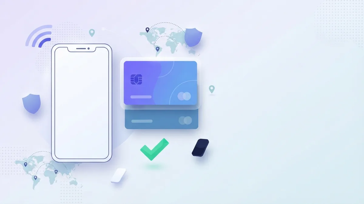 Blank mobile payment panel beside abstract cards for online prepaid credit
