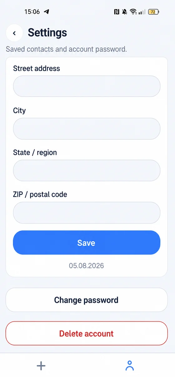MobileRings app Account settings screen with saved address fields, Change password and a red Delete account button at the bottom