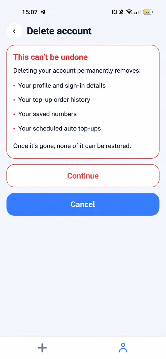 MobileRings app confirmation screen headed This can not be undone, listing what deleting the account removes, with Continue and Cancel buttons