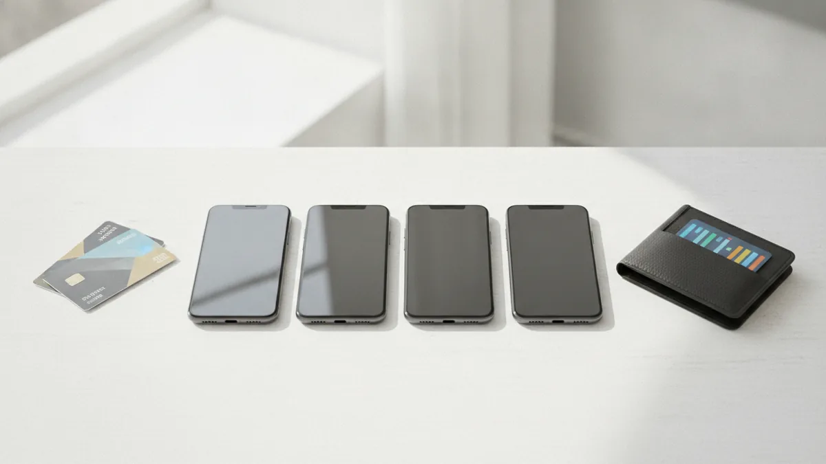 Managing several mobile recharge lines Several mobile devices arranged with payment cards to show family recharge management